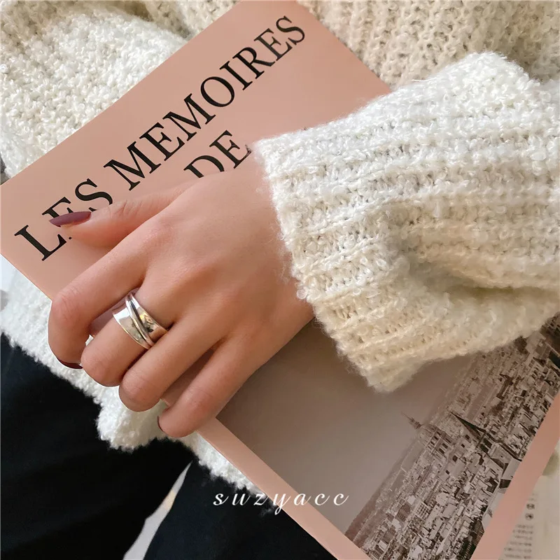 

925 Sterling Silver Arc Glossy Ring Female Open Ring Retro Trend Fashion Party Exquisite Gift Jewelry