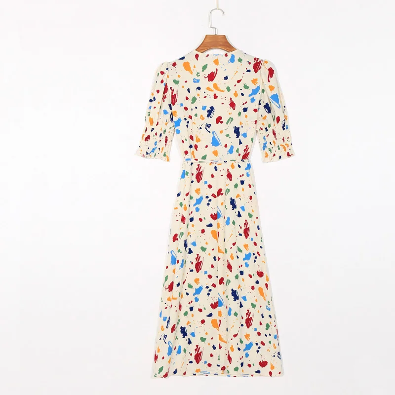 

Summer Women's Casual Printed V-neck Short Sleeve Belted Slim Dress Vestidos