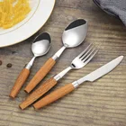 Набор Европейской посуды столовые приборы из нержавеющей стали с деревянной ручкой, 1 шт.