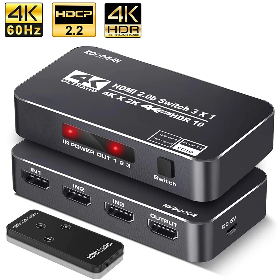 

High Speed 18.5Gbps 3 Ports 4K 60Hz HDR HDMI 2.0 Switcher Switch 3x1 Supports Ultra HD Dolby Vision HDR10, HDCP 2.2 & 3D