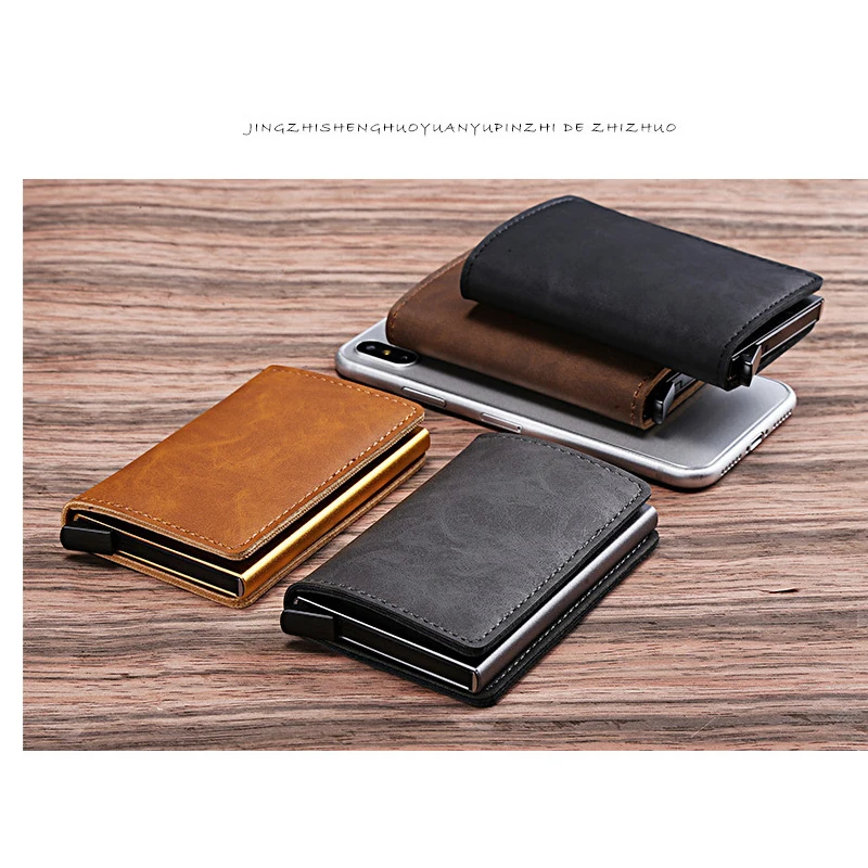 

RFID Blocking Vintage Automatic Leather Credit Card Holder Men Aluminum Alloy Metal Business ID Multifunction Cardholder Wallet