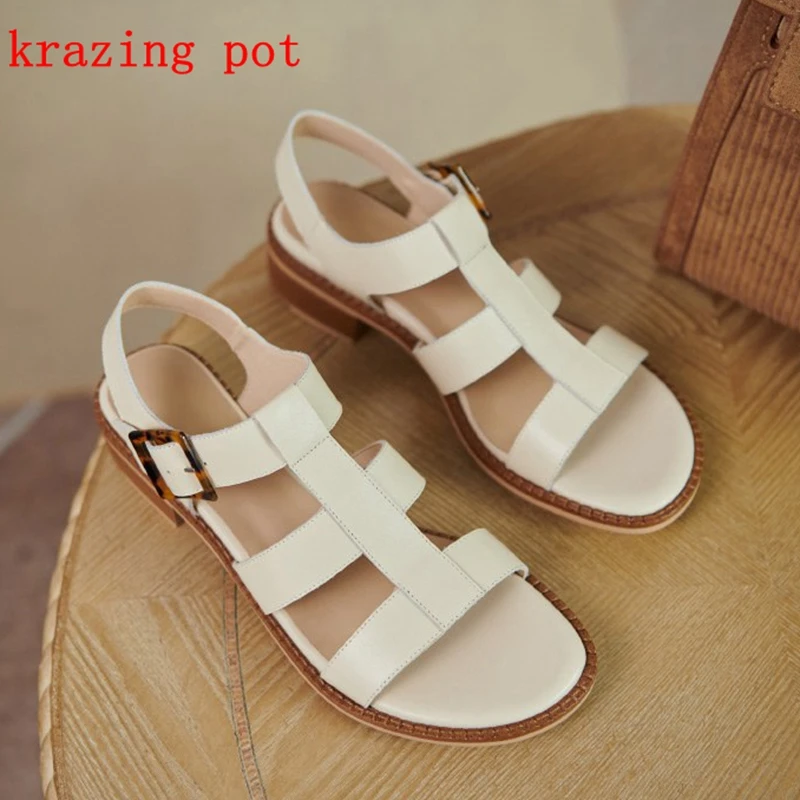 

Krazing Pot genuine leather med heels Bohemian style summer peep toe casual buckle straps gorgeous European designr sandals L58