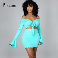 plazson summer bandage streetwear women blue sexy long sleeve party skinny matching sets v neck top and skirts 2 piece outfits