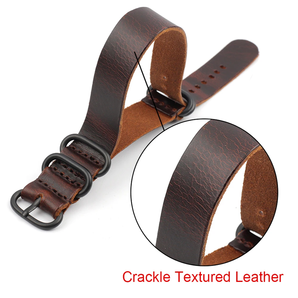 

Onthelevel New Crackle Textured Leather Watchband Zulu Nato Band 18mm 20mm 22mm Watch Strap Black Buckle Long Wristband #D