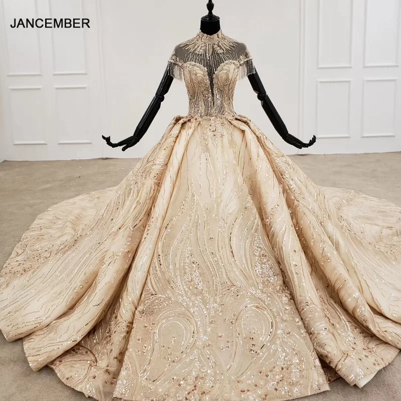 HTL1257 2020 Длинные вечерние платья с высоким воротом и коротким рукавом бисером