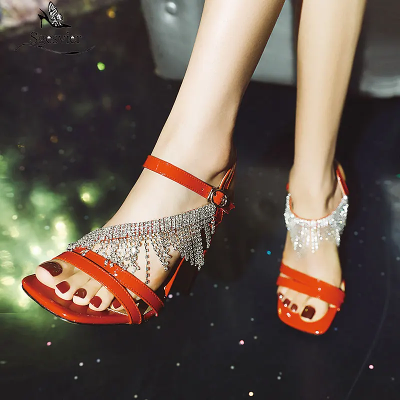 

Sgesvier Big Size 43 Sandals Women Genuine Leather Shoes Crystal Tassel Buckle Sexy High Heels Sandals Ladies Party Club Shoes