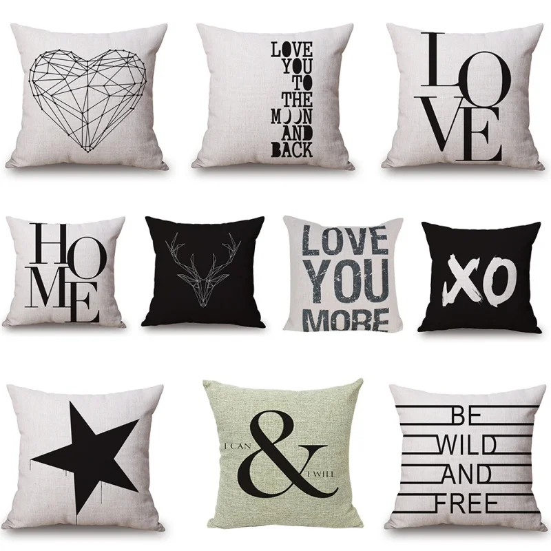 Модная наволочка с буквами из хлопка и льна для подушки черного белого цвета