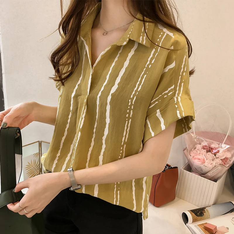 New 2020 Summer V Collar Stripe Printing Casual Women Blouse Shirt Chiffon Short Sleeve Sexy Female Clothing Blusas Tops | Женская