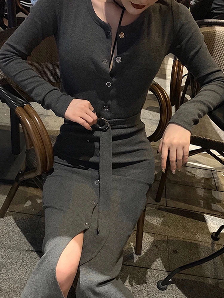 2020 весеннее женское трикотажное платье с поясом и длинным рукавом облегающее