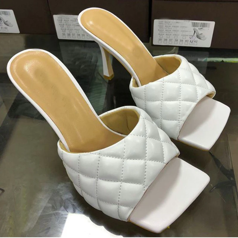 Женские шлепанцы из 100% натуральной кожи на высоком каблуке модные открытые