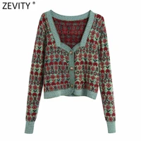 zevity women vintage color matching patchwork printing knitting sweater female long sleeve chic cardigans retro kimono tops s549