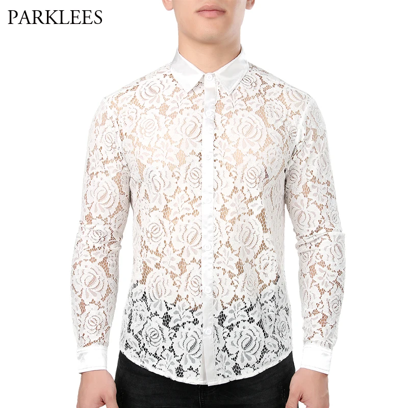 

Mens White Lace Shirts Casual Slim Fit Dress Shirt Men Chemise Homme Sexy See Through Long Sleeve Lapel Shirts Camisa Plus Size