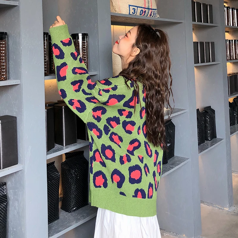 Женский свободный пуловер ulzzang Повседневный контрастной расцветки с леопардовым