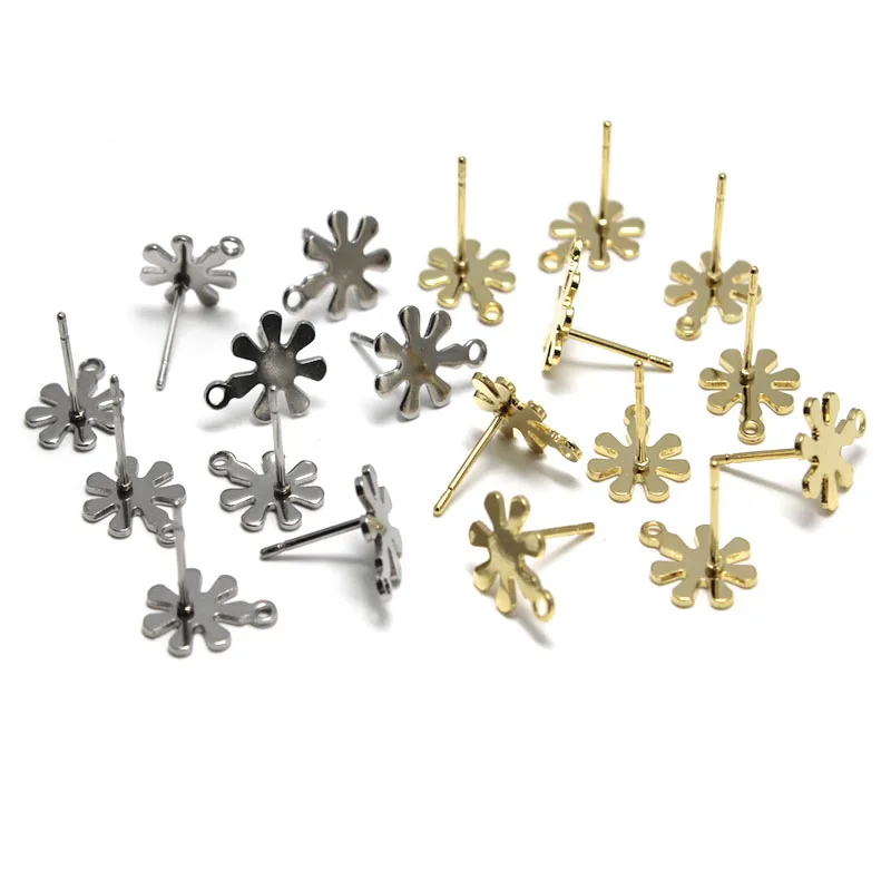 20pcs 9x11mm Stainless Steel Gold Blank Snowflake Earring Stud Posts Connector with Loop For DIY Jewelry Making Findings |