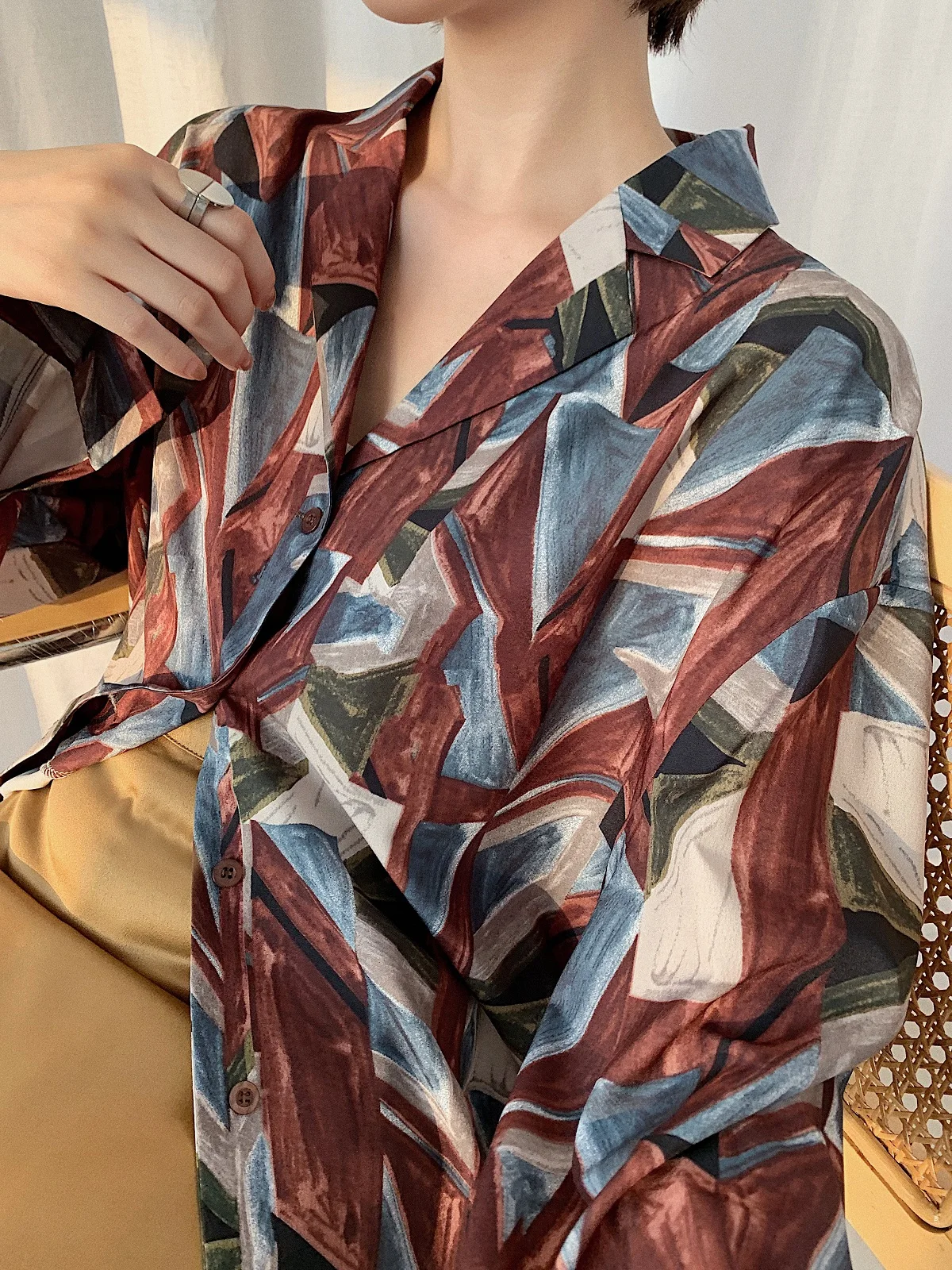 CHEERART Fall 2019 Vintage Long Sleeve Blouse Womens Tops And Blouses Color Block Lapel Ladies Korean Fashion | Женская одежда