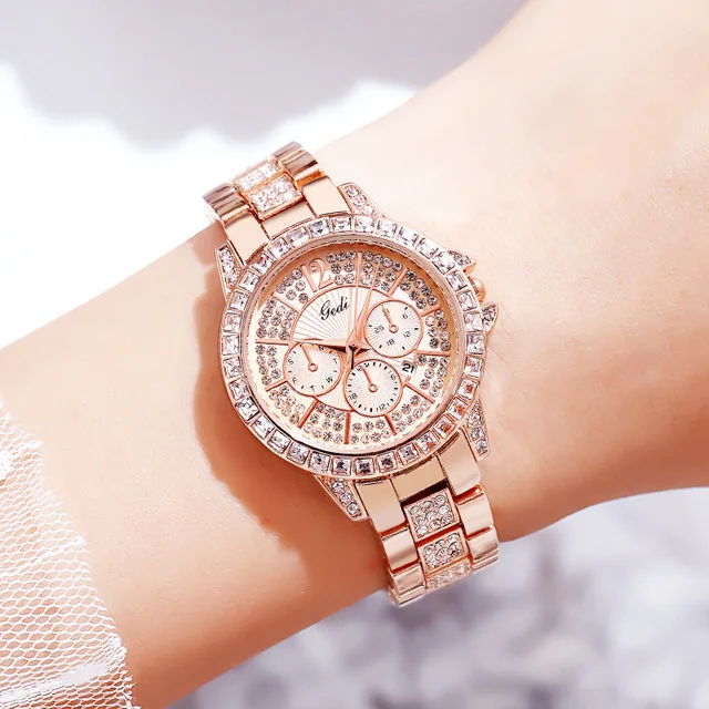 

Роскошные женские наручные часы от топ бренда, стразы, бриллианты, женские наручные часы, розовое золото, календарь, часы для платья для женщ...