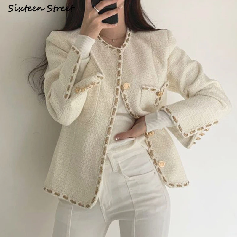 Golden Button Woolen Jacket Woman Winter Single Breasted Pocket Elegant Tweed Cropped Coat Korean Business Office Outerfit Fall | Женская
