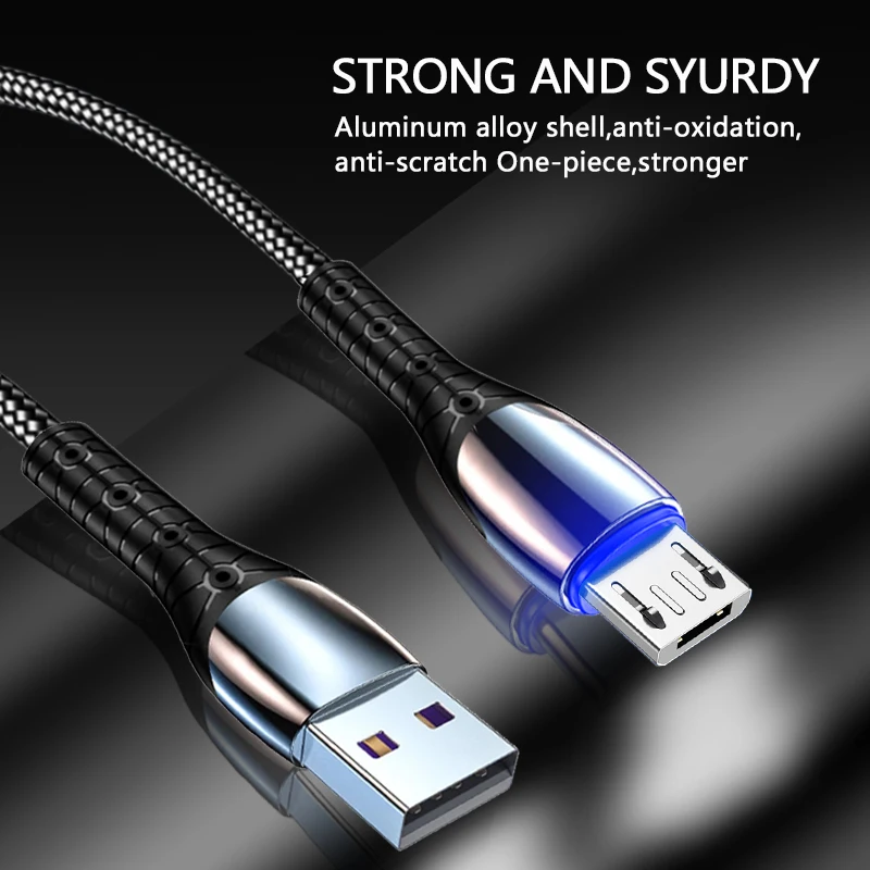 led micro usb cable 3a fast charging zinc alloy cable with light for xiaomi redmi note 5 pro samsung phone accessories data free global shipping