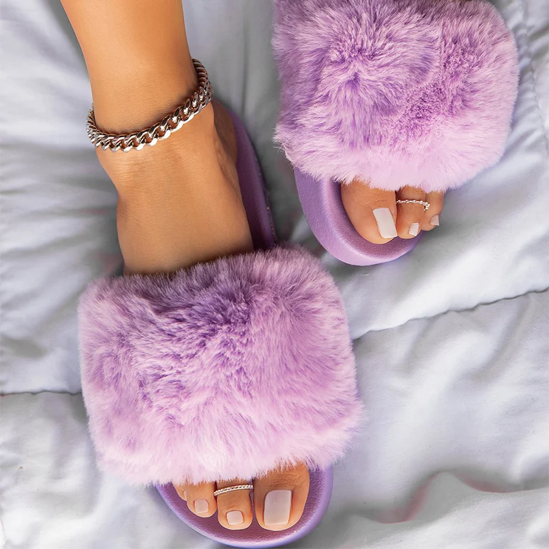 Женские меховые тапочки Летние пушистые шлепанцы Женская пушистая домашняя