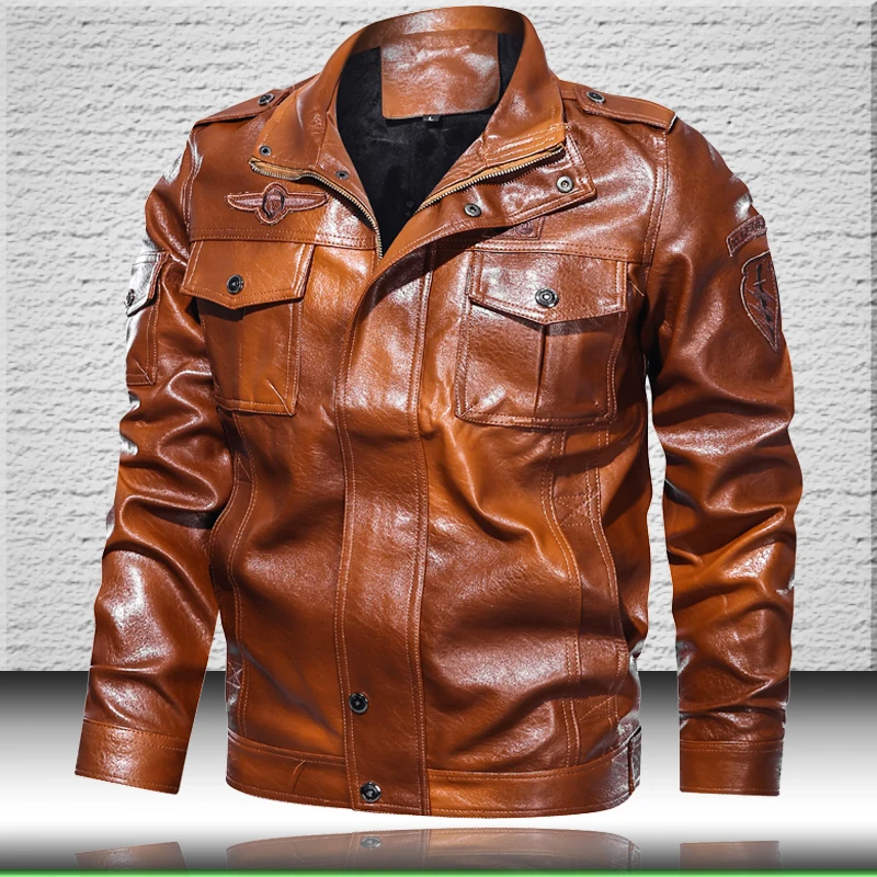 С воротником стойкой мужская кожаная куртка 2021 в винтажном стиле Кожаная для
