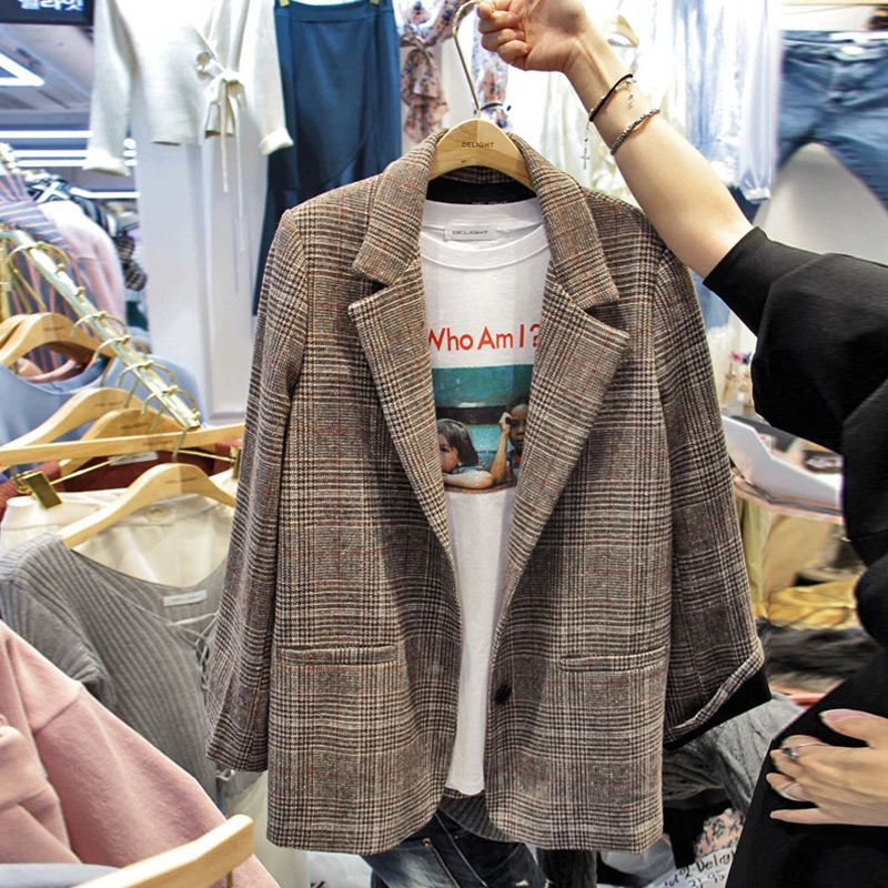 Женский клетчатый пиджак в Корейском стиле тонкий ретро Осень-зима 2019 | Женская