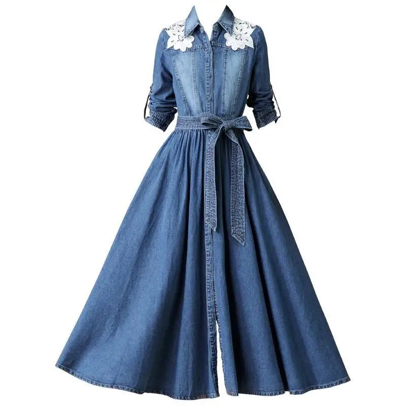 

Женское длинное джинсовое платье, облегающее однобортное платье-трапеция с высокой талией и отложным воротником, осень