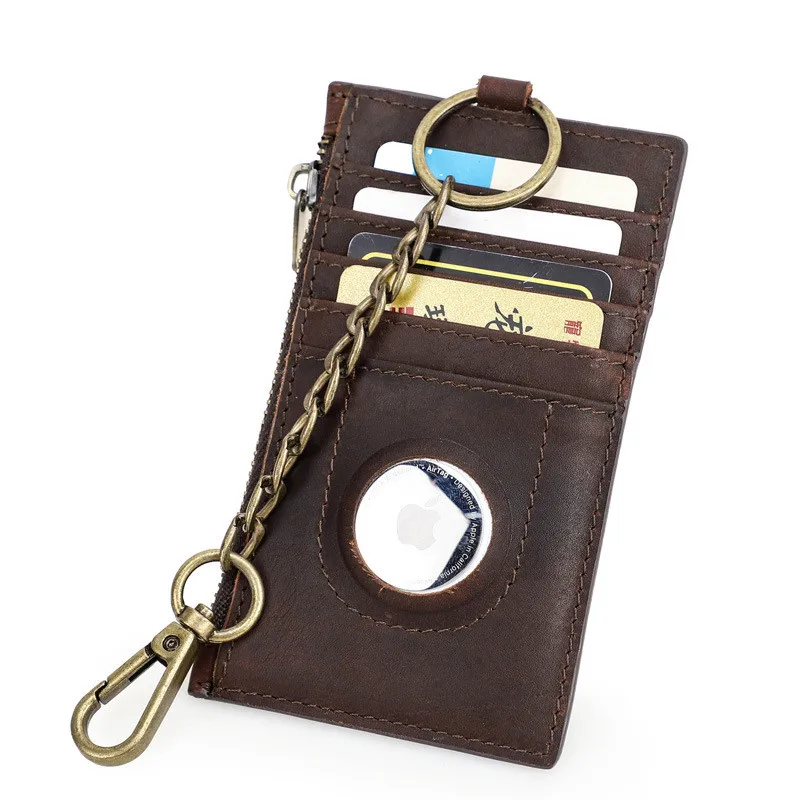 

Men Card Bag Keychain Mini Slim Male Credit ID Card Holder Anti-theft Brown Coin Purse New Vintage Crazy Horse Genuine Leather