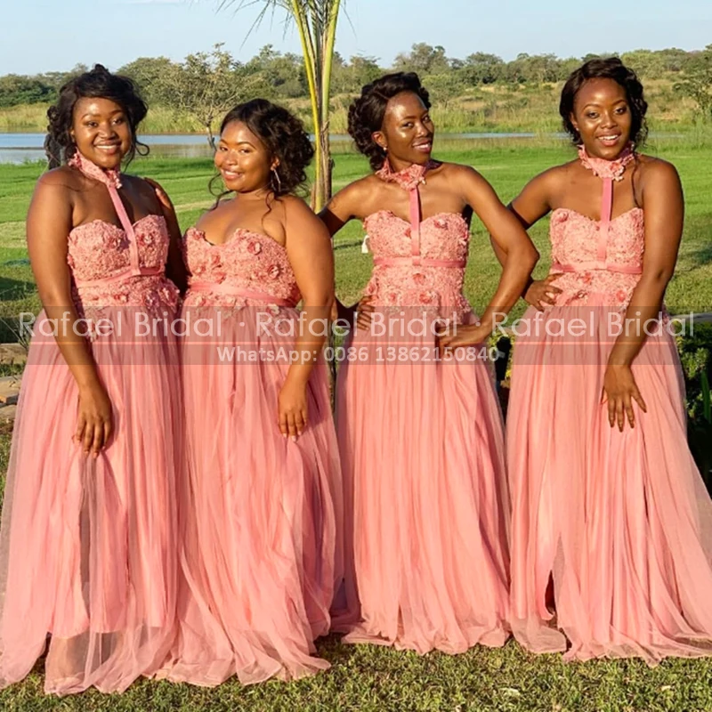 

Роскошные Аппликации платье для подружек невесты, платья 2021 кораллового цвета с кружевным топом и юбкой из тюля размера плюс для женщин Сва...
