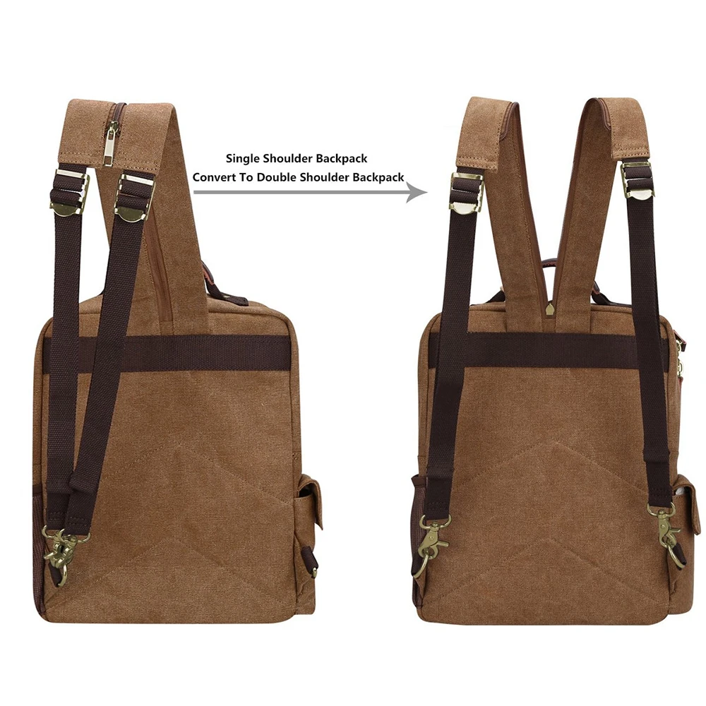 Рюкзак из холста для школы и активного отдыха с кожаными ручками и сумкой через плечо (Кофе)