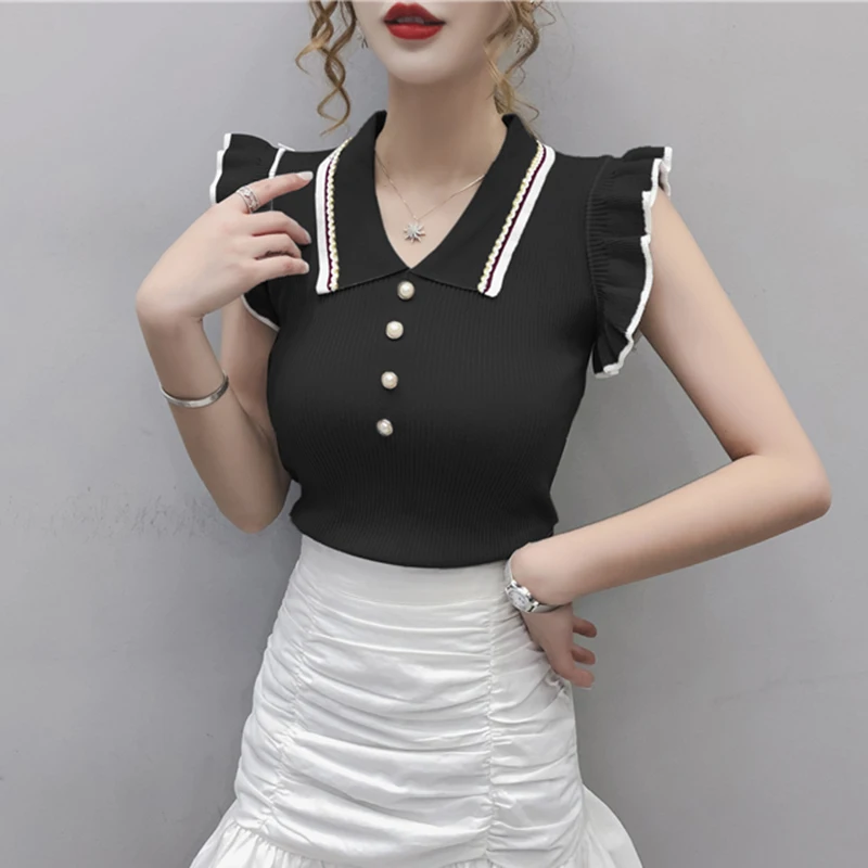 

Lucyever Summer Fashion Sleeveless Ruffles T Shirt Women 2021 Turn-down Collar Knitted Crop Top Female Slim Fit Tee Shirts Femme