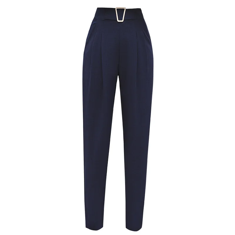 

Navy Blue Harem Pants Women Cotton Linen Nine Point Professional Khaki Trousers Straight Leg Casual High Waist Pants Autumn 2021
