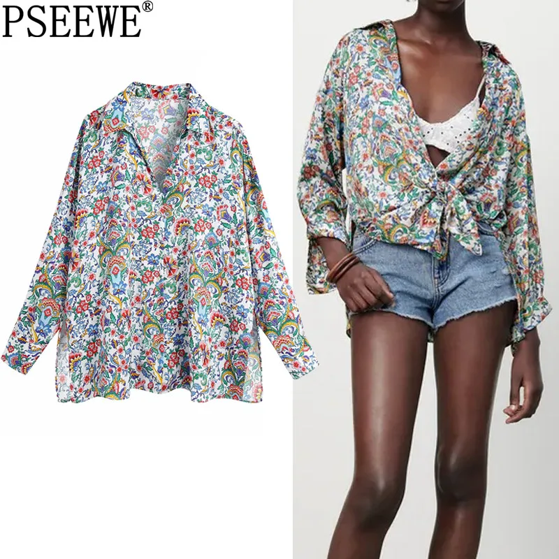 

Женская рубашка с цветочным принтом PSEEWE Za, летняя блузка с длинным рукавом, рубашка с воротником на пуговицах, женская уличная одежда, повсе...
