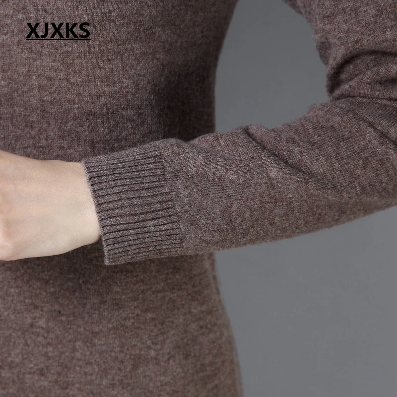 XJXKS Women Sweater Autumn 2020 Originality Knitted Casual Comfortable 100% Wool Long Dress Sweaters And Pullovers | Женская одежда