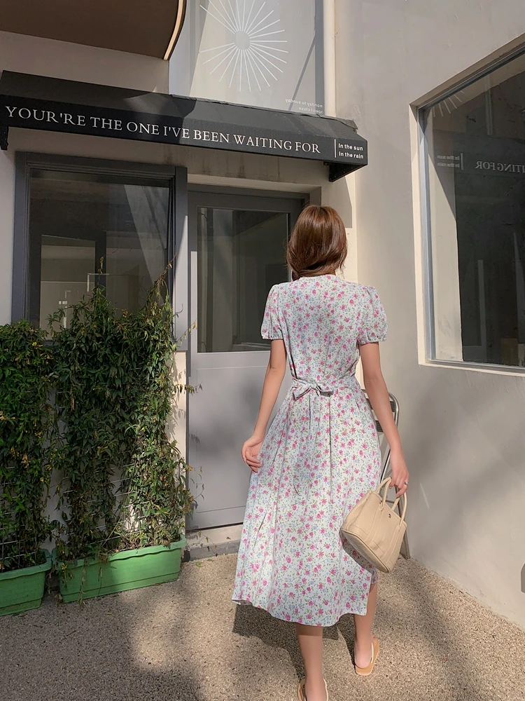 

Houthion Women Dresses Chiffon Long Dress High Waist Short Sleeve Fashion Loose Plus Size Dresse A-LINE Casual Print Bohemia