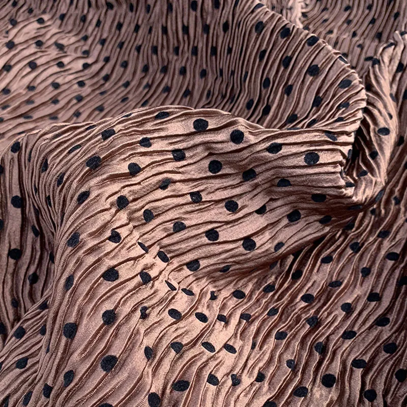 

Soft Bright Brown Pressed Pleated Fabric Polka Dots Print Stripe Frill Fabric For Dress, Haute Couture,By The Meter