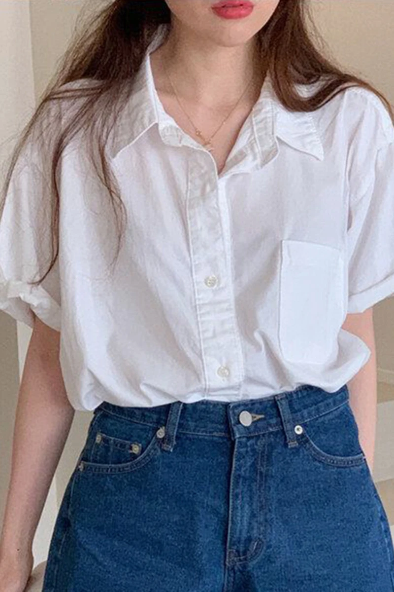 

Korejpaa Women Shirt 2021 Summer Korean Chic Simple Basic Lapel Loose Casual Solid Color Single-Breasted Short-Sleeved Blouses