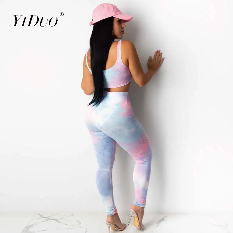 

YiDuo Casual Tie-Dye Print Fitness Gym Sports Jogger Two Pieces Set Outfits Cropped Tank Tops And Long Pants Tracksuit 2020