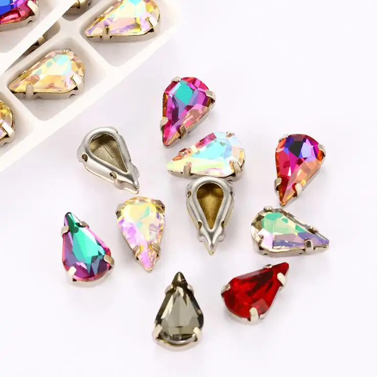 

8x13MM K9 High Quality Teardrop Shape Glass Crystal Rhinestones With Hollow Gold&White K Claw Pear Stone For Clothing/Crafts