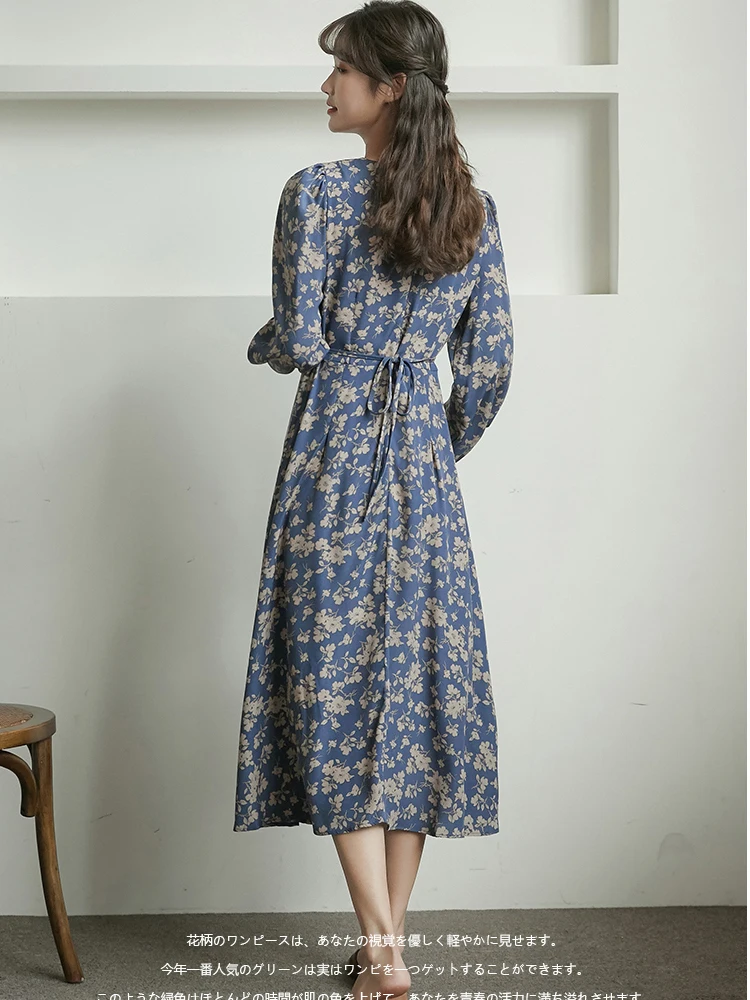 

Spring Summer 2021 Elegant Boho Vintage Korean Casual Party Long Sleeve Runway Vestidos 3 Colors Women Chiffon Long Floral Dress