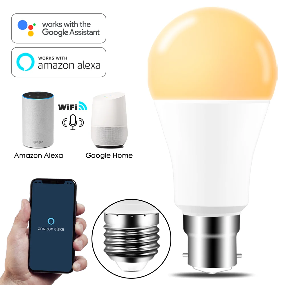 

Bombilla LED inteligente E27 B22, 15W, lámpara LED regulable, Control por aplicación, funciona con el asistente de Google Alexa