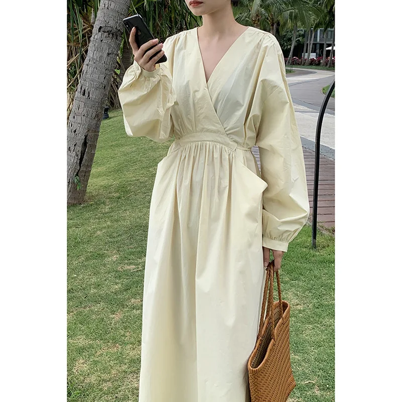 

Casual Dresses For Women 2021 Summer Fashion High Waist V-neck Solid Long Sleeve Elegant Loose Lady Robe Vintage Women's Dress