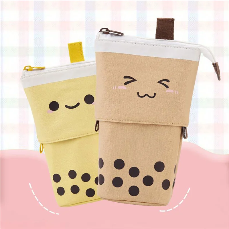 Bag, Milky Tea Shaped Large Capacity Zip-up Pen Pouch With Multi-pockets