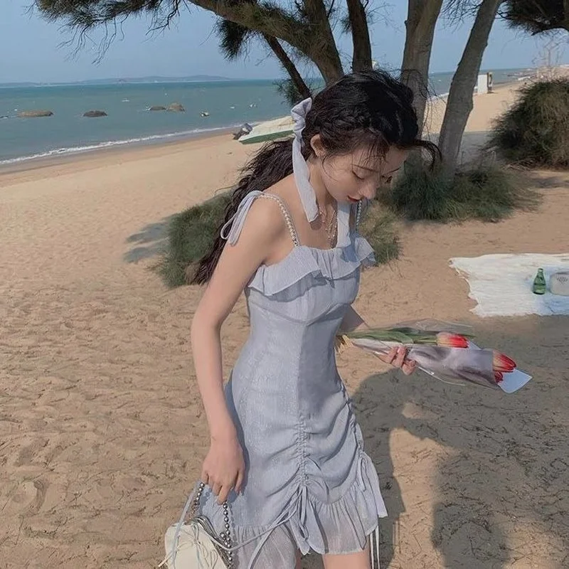 

Women Square Collar Chiffon Lace Mini Dress Beach Bandage Design 2021 Summer Sexy One Piece Dress Korean Elegant Strap Dress