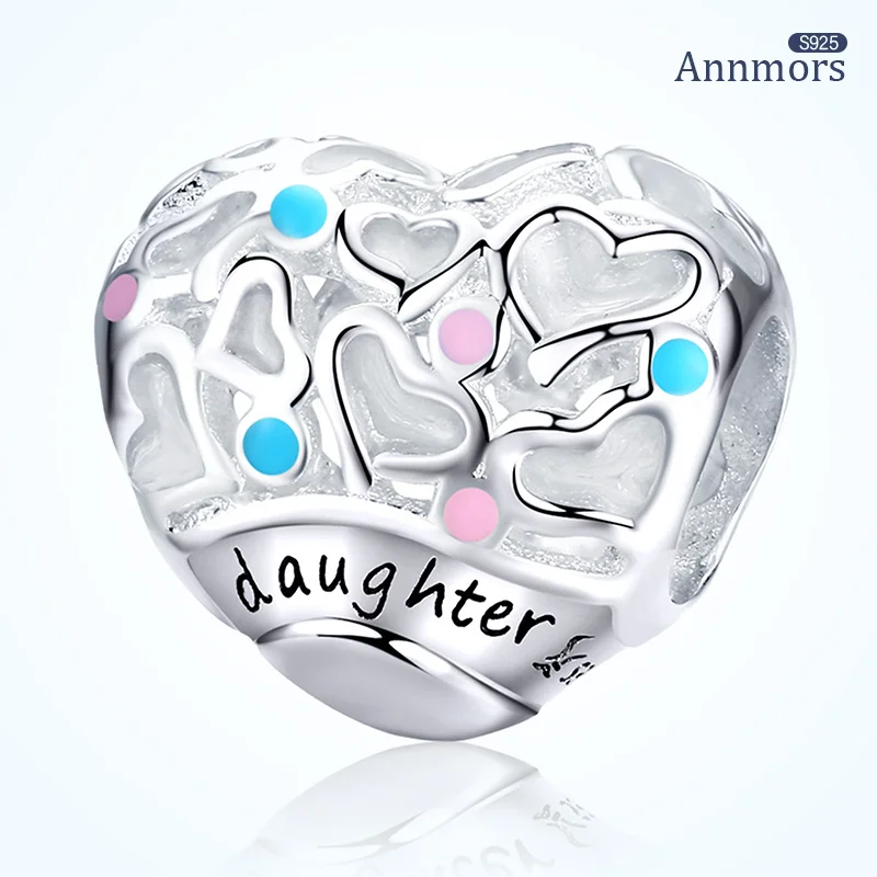 

Daughter Heart Shaped Bracelet Charms Pendant Color Enamel Fits Bracelets Silver Plating Hollow Heart Metal Charms