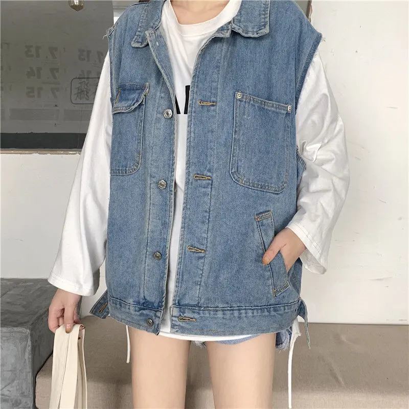 

HziriP Autumn Casual All-Match Denim 2020 Chic Sleeveless Loose Vest New Cowboy Outerwear Stylish Female Jackets Pockets Coat