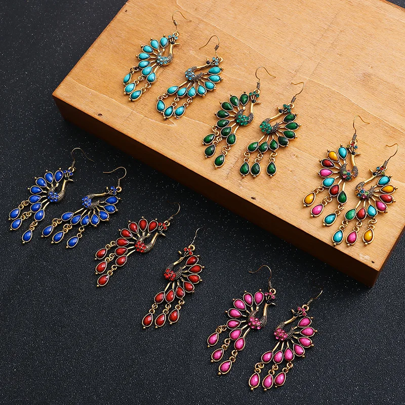 

Vintage Women's Peacock Shape Indian Jhumka Earrings Turkish Blue Stone Beads Carved Alloy Dangle Earrings Gypsy Tribal Jewelry