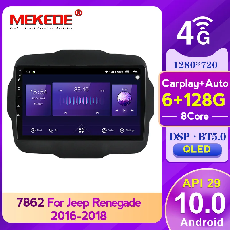 

Octa Core 6GB+128GB QLED carplay Android 10 Car Radio Navigation GPS Player For Jeep Renegade 2014 - 2018 No 2 Din DVD