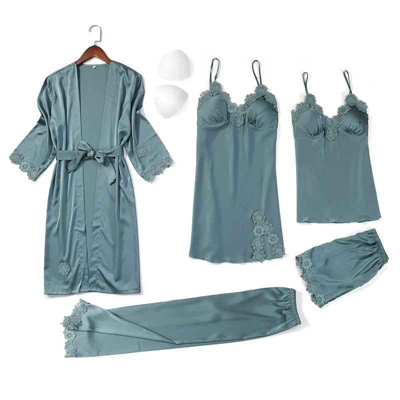 

Женская пижама из искусственного шелка, брюки с длинными рукавами, костюм из 5 предметов, модная повседневная домашняя одежда, женский костю...