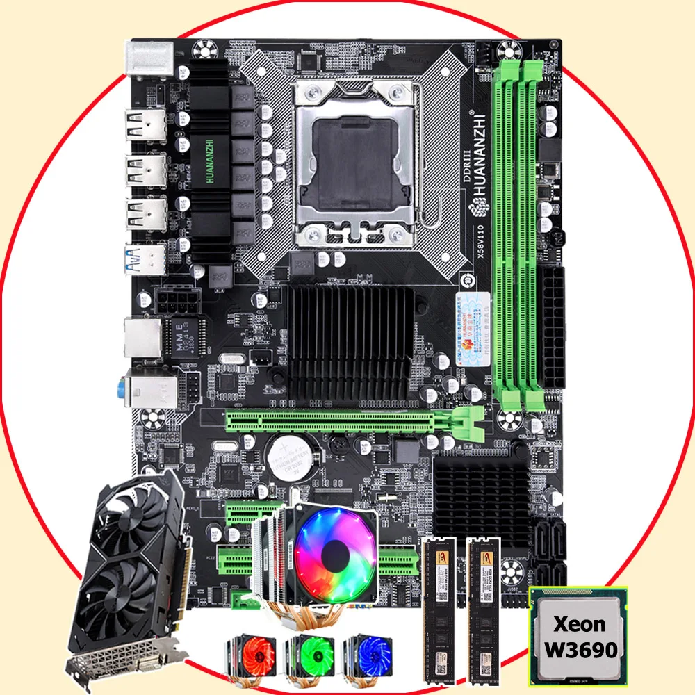 

HUANANZHI X58 Pro LGA1366 motherboard with CPU Xeon W3690 3.46GHz 6 heatpipes cooler RAM 16G(2*8G) GPU GTX1050TI 4G video card