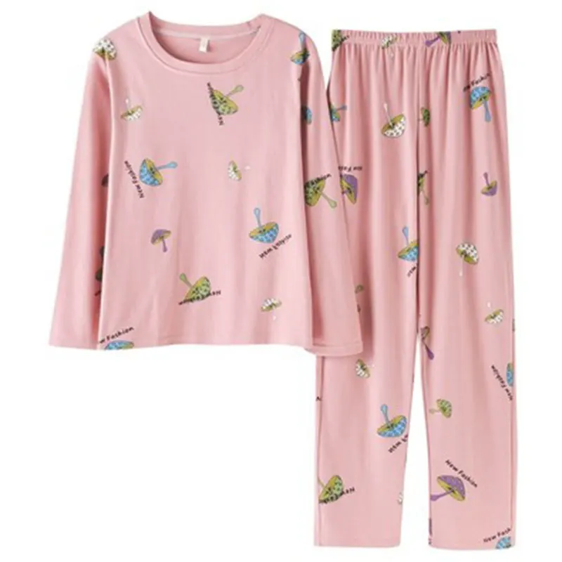 

Autumn Winter New Long Sleeve Women Pajamas Set Round Neck Cartoon Mushroom Print Sleepwear Female 2 Piece Winter Pajama Set